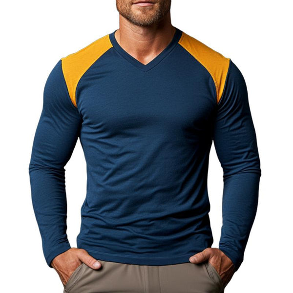 Men's Casual V-neck Contrast Color Long-sleeved T-shirt 31690161F