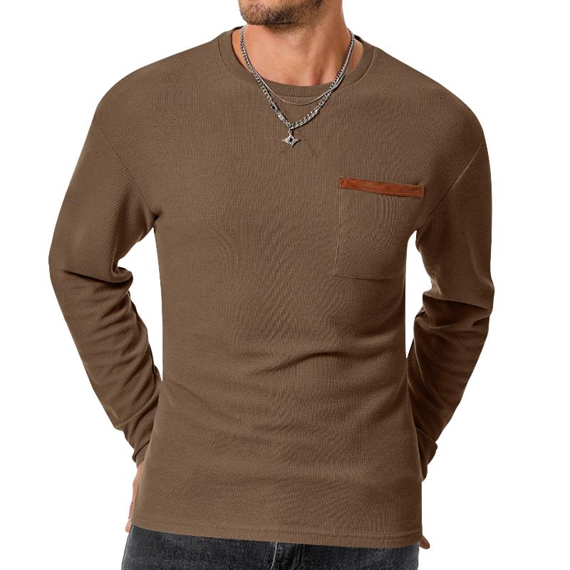 Camiseta informal de manga larga con cuello redondo y bolsillo de parche con diseño de gofres para hombre 39943180M