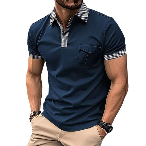 Men's Houndstooth Stitching Lapel Short Sleeve Polo Shirt 52050926Z