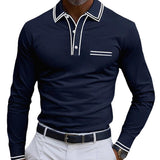 Men's Casual Pique Cotton Lapel Contrast Color Long Sleeve Polo Shirt 49197937M