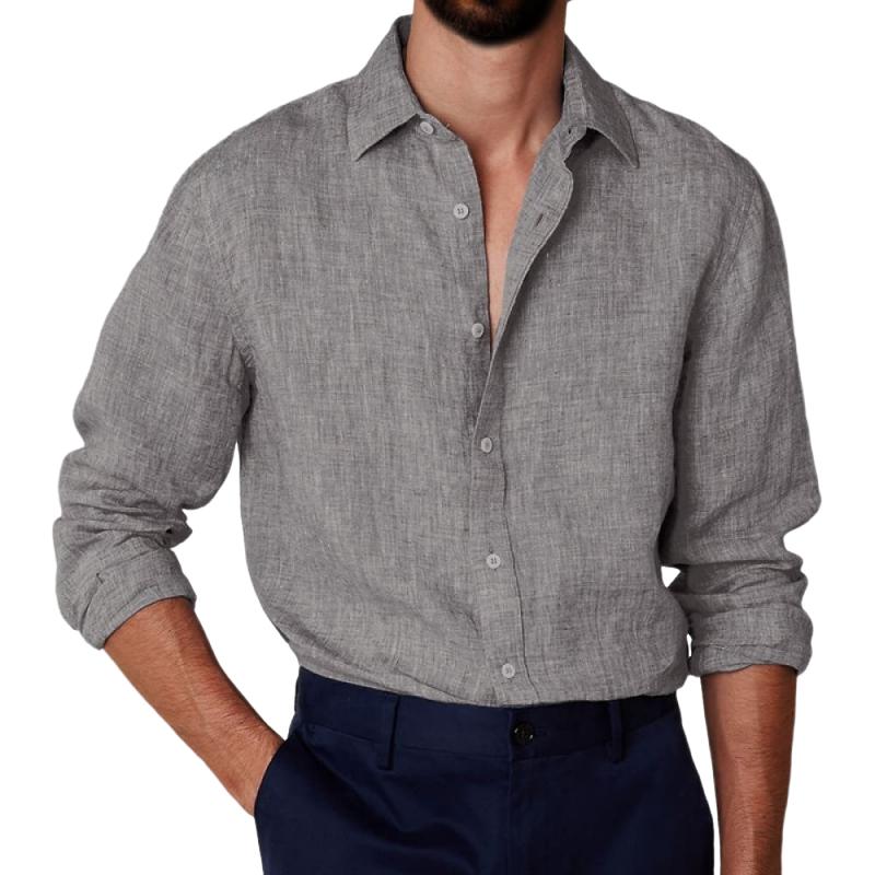 Men's Casual Cotton Linen Lapel Slim Fit Long Sleeve Shirt 05356388M