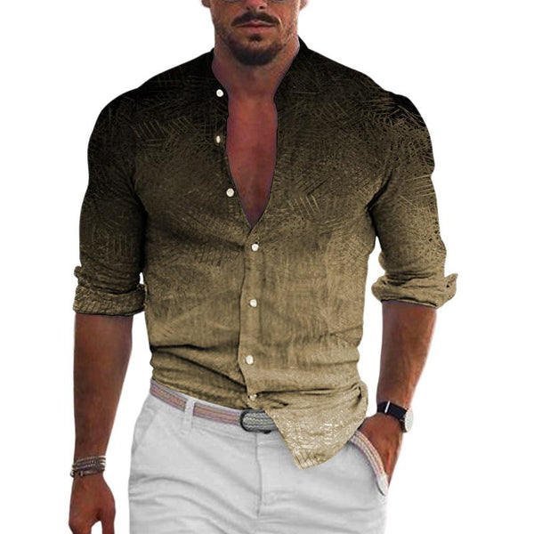 Men's Casual Stand Collar Gradient Print Slim Fit Long Sleeve Shirt 27222438M