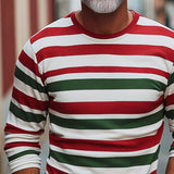 Men's Retro Casual Christmas Stripe Printed Round Neck Long Sleeve T-Shirt 97463573TO