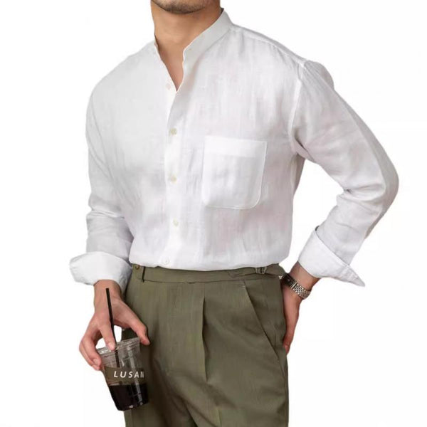 Men's Solid Color Linen Stand Collar Long Sleeve Shirt 09531051Z