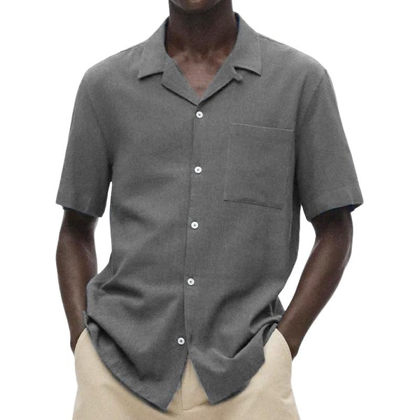 Men's Casual Solid Color Cuban Collar Short Sleeve Shirt 80349812Y