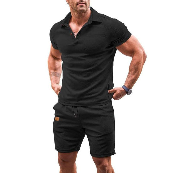 Men's Solid Waffle Lapel Short Sleeve Polo Shirt Shorts Casual Set 35907021Z