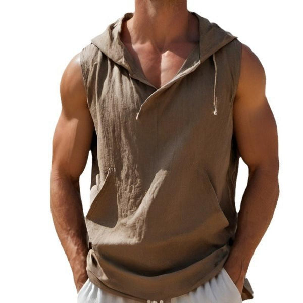 Men's Casual Solid Color Cotton Blend Kangaroo Pocket Sleeveless Hoodie 46028219M
