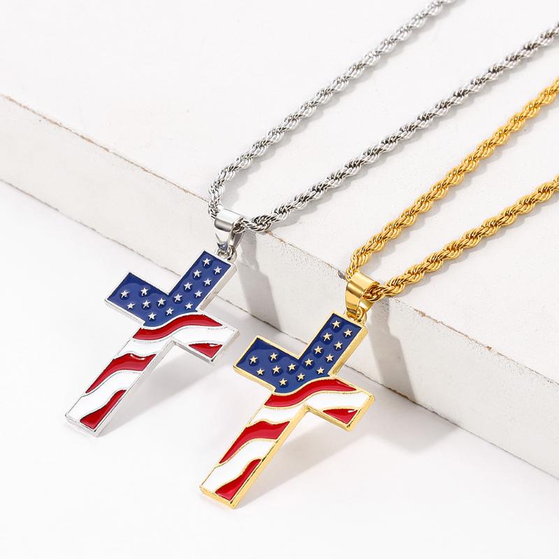 Collana vintage casual con bandiera americana e croce 65735606TO