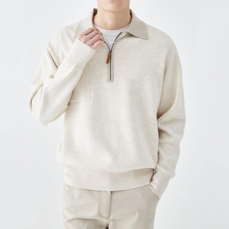 Men's Color Block Zipper Lapel Breast Pocket Long Sleeve Knit Polo Shirt 82740147Z