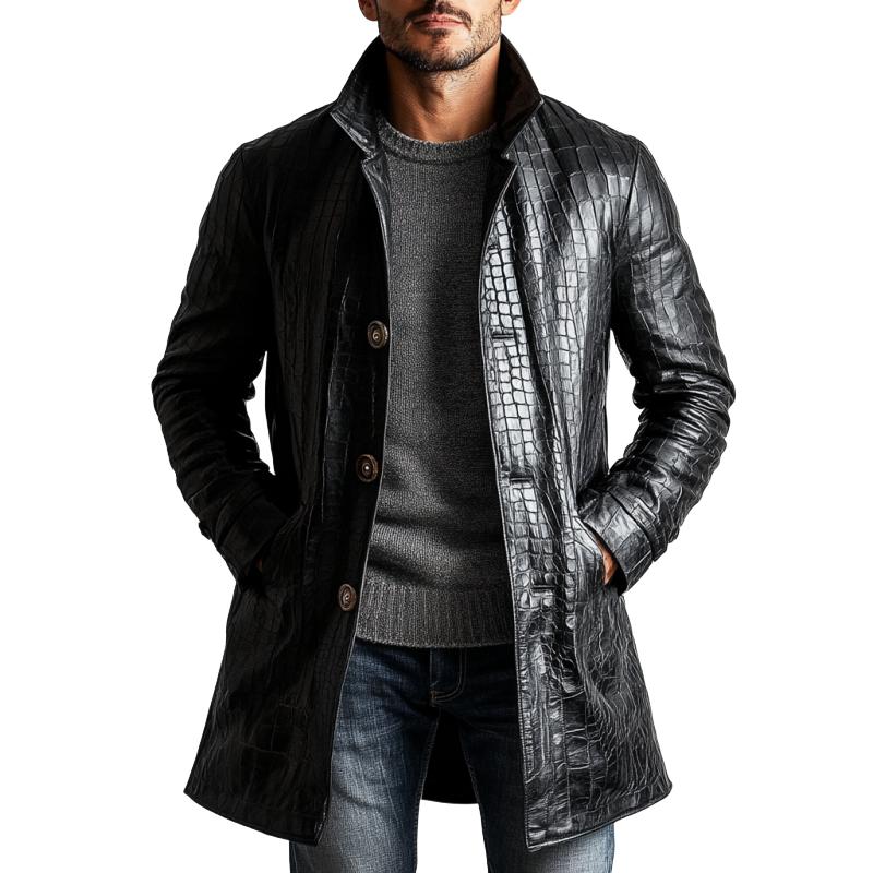 Men's Vintage Crocodile Leather Lapel Single Breasted Mid-Length Trench Coat 38686661Y