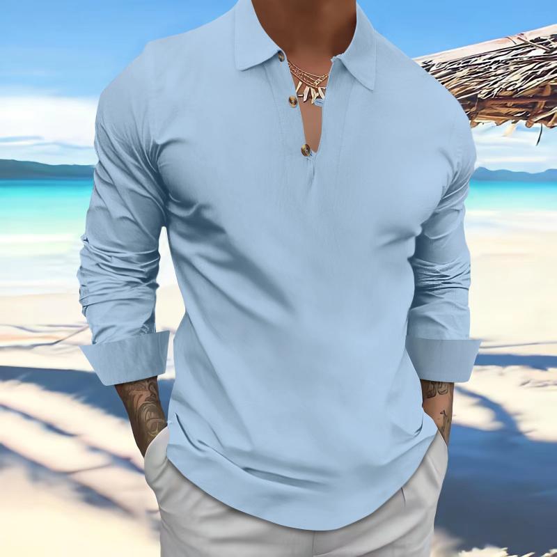 Men's Casual Cotton Linen Lapel Button Pullover Long Sleeve Shirt 78941550M