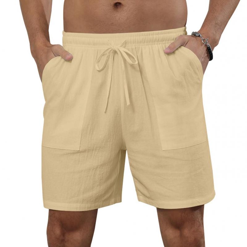 Men's Solid Color Cotton And Linen Beach Drawstring Shorts 66870843Y