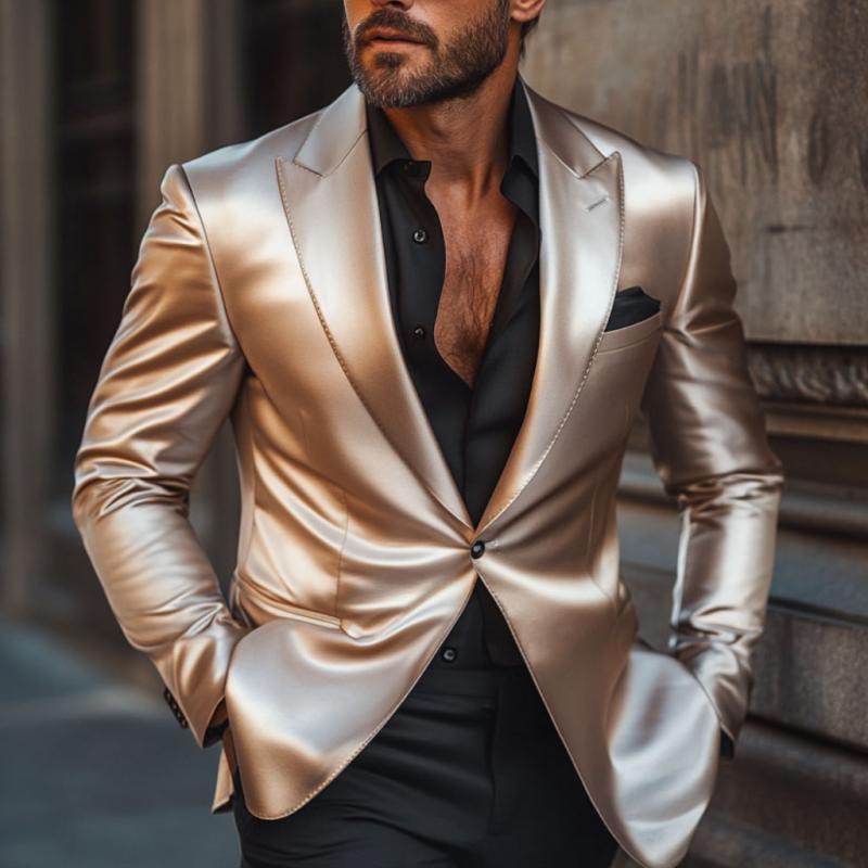 Men's Retro Elegant Satin Peak Lapel Single Breasted Slim Fit Blazer 02480890M