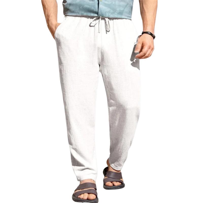 Men's Solid Color Cotton And Linen Loose Elastic Waist Casual Pants 43076262Z