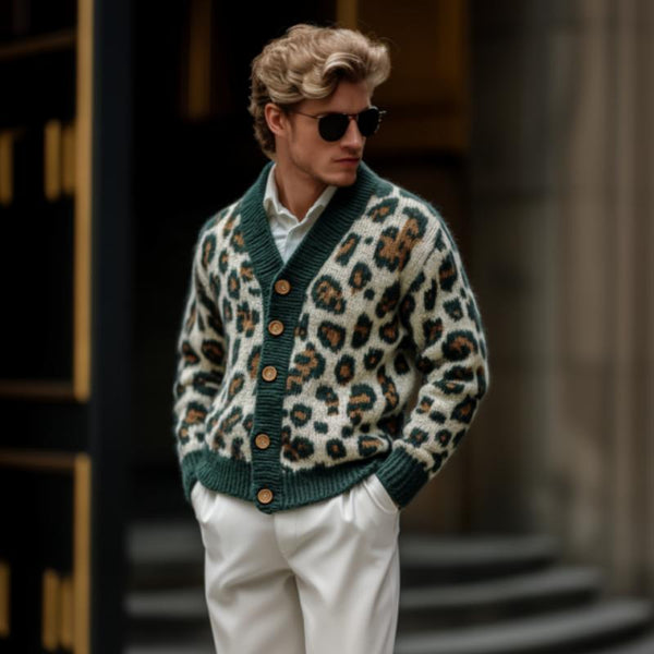 Men's Vintage Leopard Jacquard Colorblock Single Breasted Cardigan 48454339Y