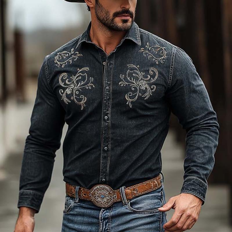 Men's Classic Retro Western Cowboy Style Embroidered Long Sleeve Denim Shirt 05541964K