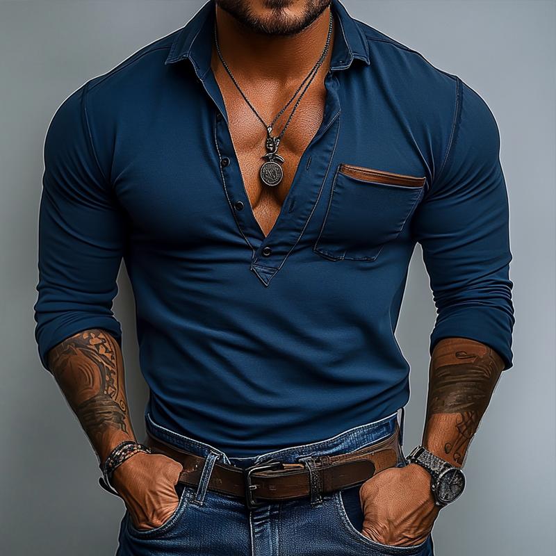 Polo à manches longues et revers de couleur unie pour homme avec poche poitrine 73059449Z