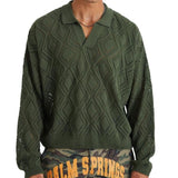 Men's Vintage Lapel V-Neck Cut-Out Knit Sweater 26095142Y