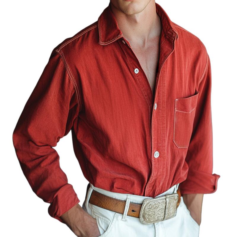 Men's Retro Casual Cowboy Pocket Lapel Long Sleeve Shirt 61580376TO