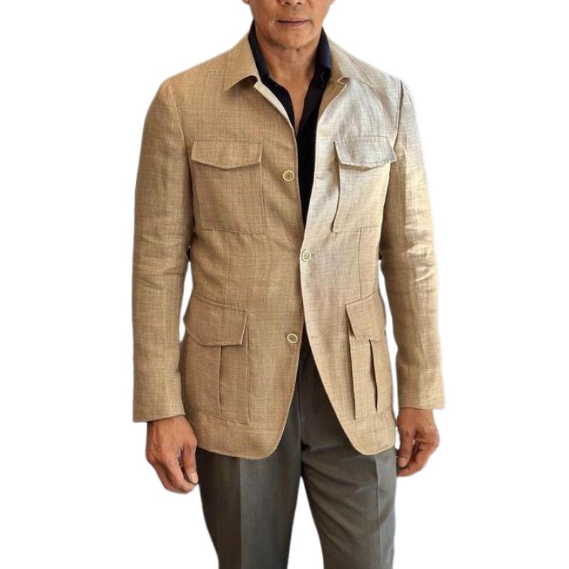 Men's Casual Cotton Linen Lapel Multi-pocket Safari Jacket 71673515M