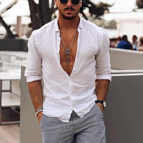 Men's Casual Solid Color Lapel Cotton Linen Long-Sleeved Shirt 81456809M