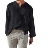 Men's Classic Casual V-Neck Cotton and Linen Long Sleeve Shirt 89901691K