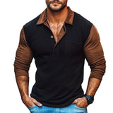 Men's Retro Casual Colorblock Lapel Long Sleeve T-Shirt 79777218TO