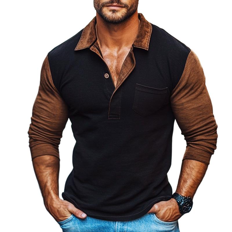 Men's Retro Casual Colorblock Lapel Long Sleeve T-Shirt 79777218TO