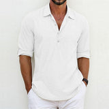 Men's Casual Solid Color Cotton Linen Lapel Pullover Long-Sleeved Shirt 29013762M