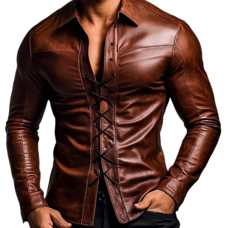 Men's Vintage Lapel Drawstring Leather Shirt 09449619F