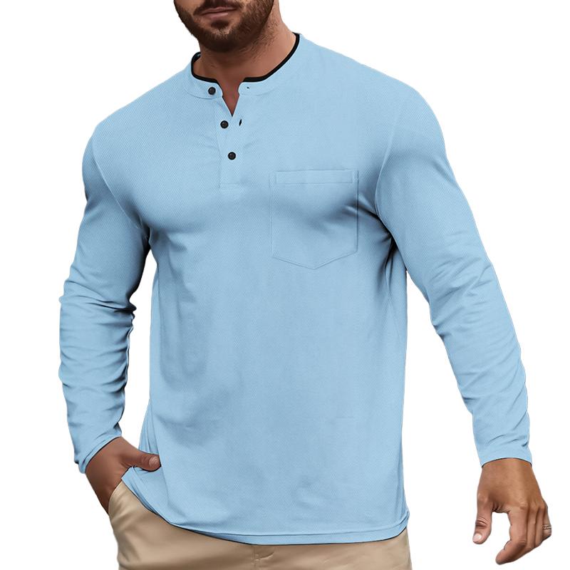 Men's Solid Color Henley Collar Chest Pocket Long Sleeve Casual T-shirt 15284224Z