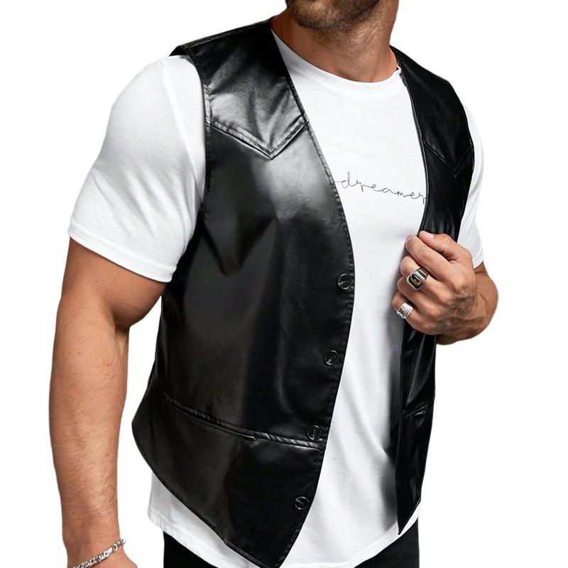 Men's V-neck Shiny Black Leather Vest 78558595U