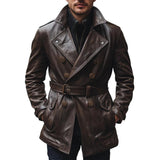 Men's Vintage Notched Lapel Double Breasted Belted Slim Fit Leather Coat 79683327M