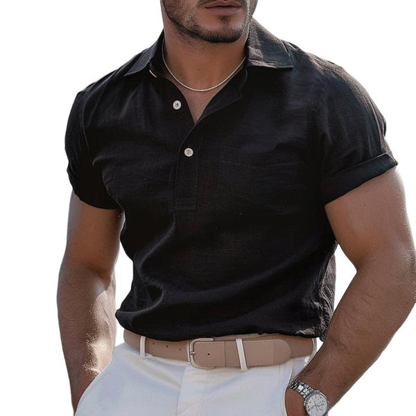 Men's Solid Cotton And Linen Lapel Short Sleeve Polo Shirt 36737616Z