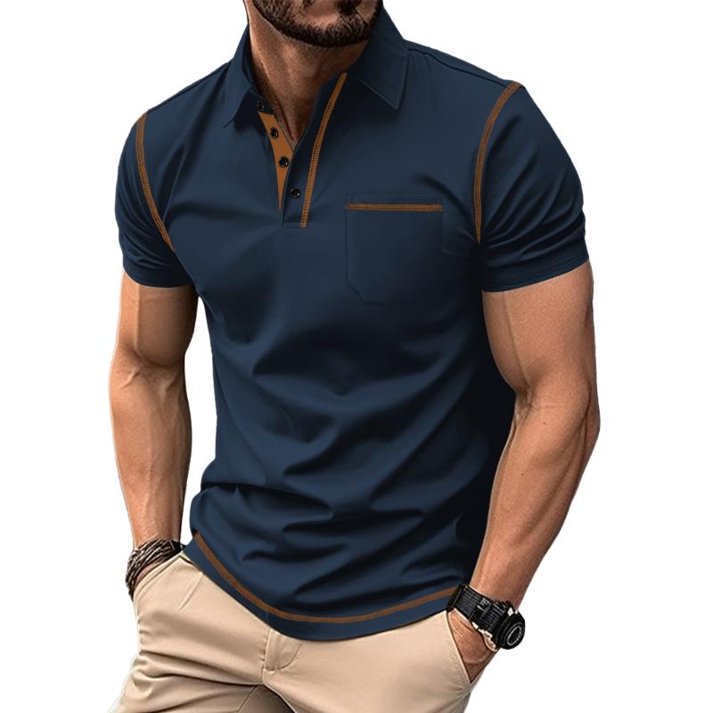 Men's Casual Colorblock Lapel Patch Pocket Short Sleeve Polo Shirt 16408440M