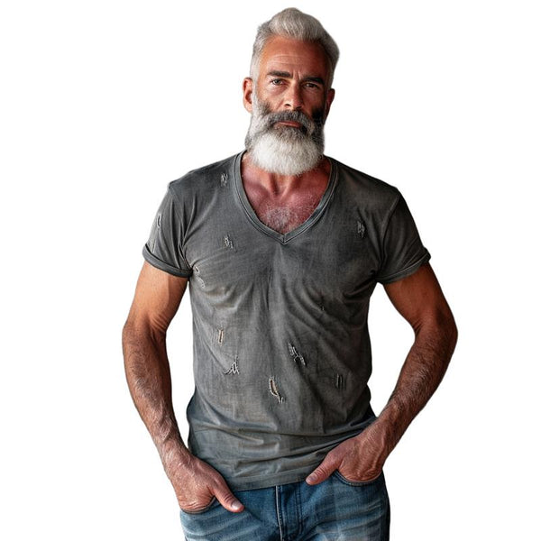 Men's Vintage Ripped V-neck Short-sleeved T-shirt 96458761X