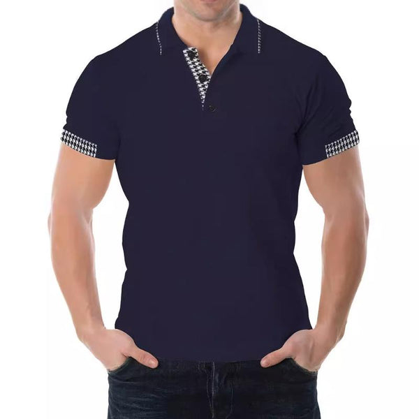 Men's Casual Houndstooth Patchwork Lapel Short Sleeve Polo Shirt 28936161M