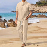 Men's Solid Cotton And Linen Stand Collar Short Sleeve Shirt Trousers Casual Set 50072456Z