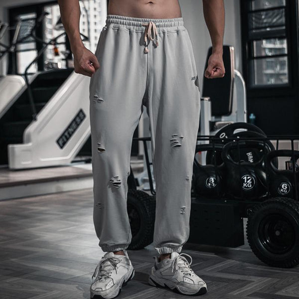 Men's Solid Cotton Holes Loose Sports Fitness Casual Trousers 09609887Z