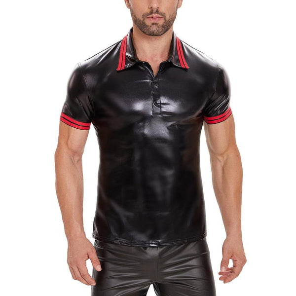 Men's Sexy Bright PU Colorblock Lapel Short Sleeve Polo Shirt 71007866M