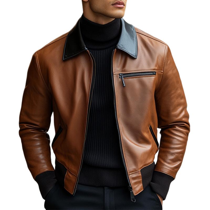 Men's Vintage Lapel Zipper Leather Jacket 53403571U