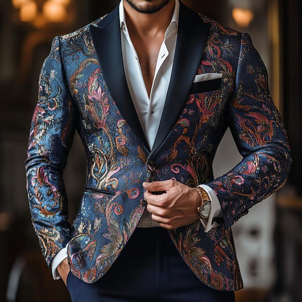 Men's Vintage Elegant Embroidery Jacquard Lapel Slim Business Casual Blazer 14017476Z