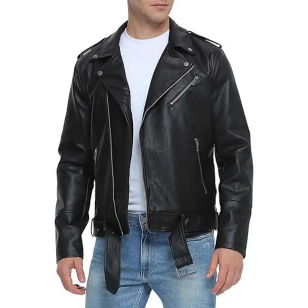 Men's Stylish Notch Lapel Zip-up Leather Motorcycle Jacket 42941184M