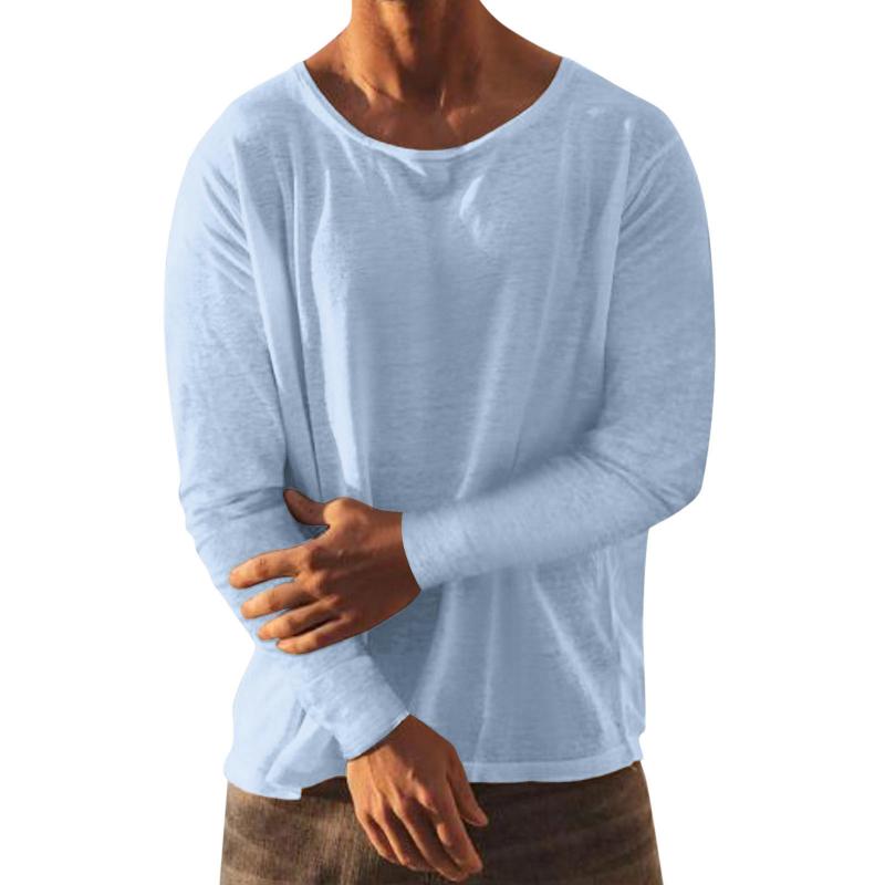 Men's Solid Loose Round Neck Long Sleeve Linen T-shirt 57497281Z