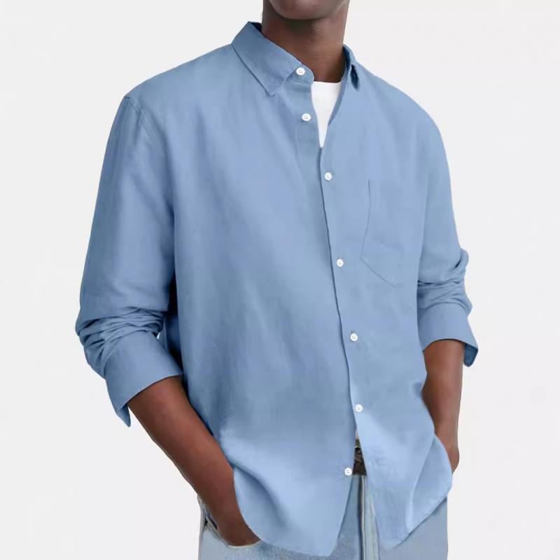 Men's Casual Solid Color Chest Pocket Long-Sleeved Shirt 62558918Y