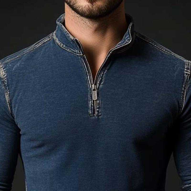 Men's Classic Retro Distressed Stand-up Collar Zipper Slim Fit Long Sleeve POLO Shirt 57133393K