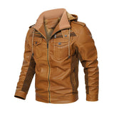 Men's Vintage Contrast Patchwork Stand Collar Hooded Zip Leather Fleece Jacket 44720410M