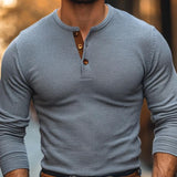 Men's Casual Waffle Henley Neck Slim Fit Long Sleeve T-Shirt 09898913M