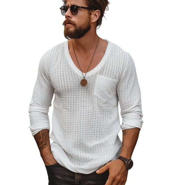 Men's Casual V-neck Waffle Patch Pocket Slim Fit Long Sleeve T-shirt 82316008M