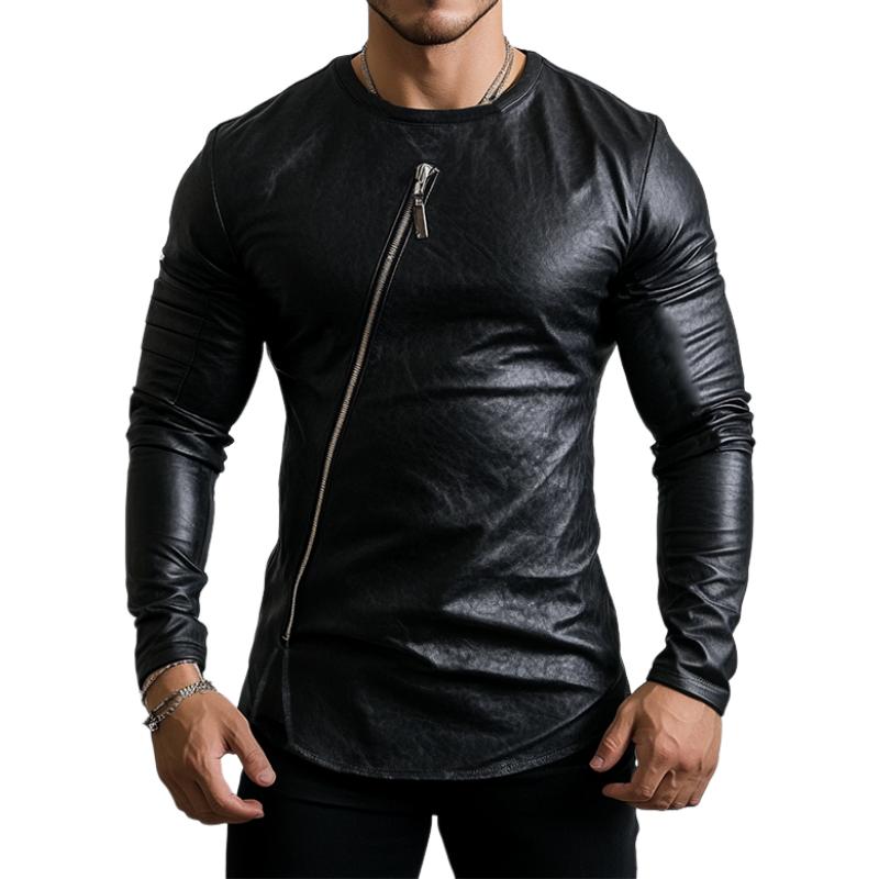 Men's Casual Round Neck Hem Slit Slim Fit Leather Long Sleeve T-shirt 50179193K